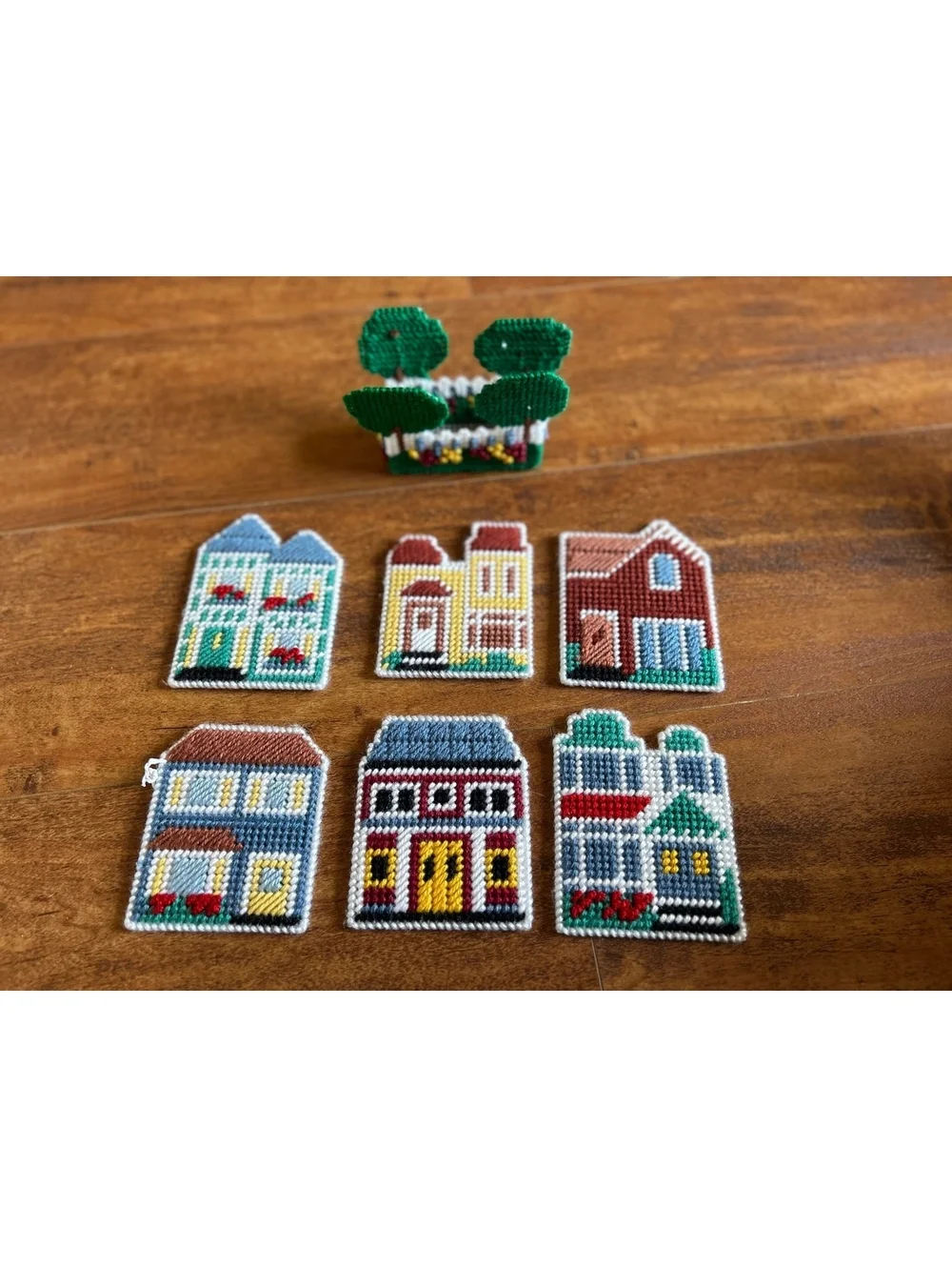 Handmade Cross-Stitch House Coasters with Holder Set of 6